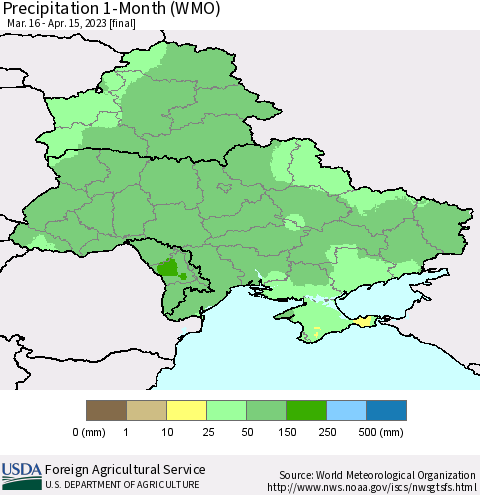 Ukraine, Moldova and Belarus Precipitation 1-Month (WMO) Thematic Map For 3/16/2023 - 4/15/2023
