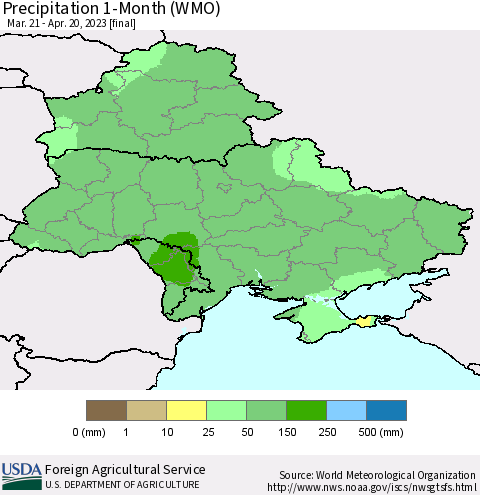 Ukraine, Moldova and Belarus Precipitation 1-Month (WMO) Thematic Map For 3/21/2023 - 4/20/2023
