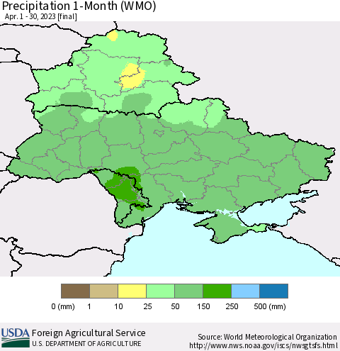 Ukraine, Moldova and Belarus Precipitation 1-Month (WMO) Thematic Map For 4/1/2023 - 4/30/2023