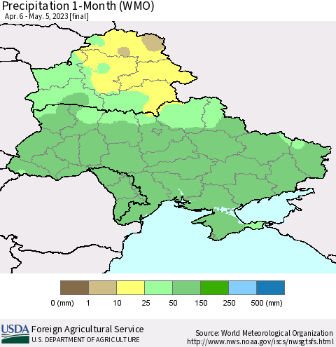 Ukraine, Moldova and Belarus Precipitation 1-Month (WMO) Thematic Map For 4/6/2023 - 5/5/2023