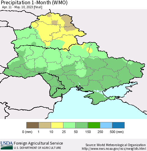 Ukraine, Moldova and Belarus Precipitation 1-Month (WMO) Thematic Map For 4/11/2023 - 5/10/2023