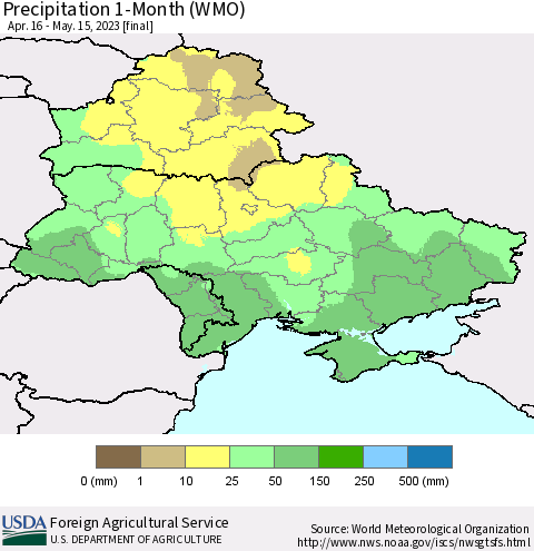 Ukraine, Moldova and Belarus Precipitation 1-Month (WMO) Thematic Map For 4/16/2023 - 5/15/2023