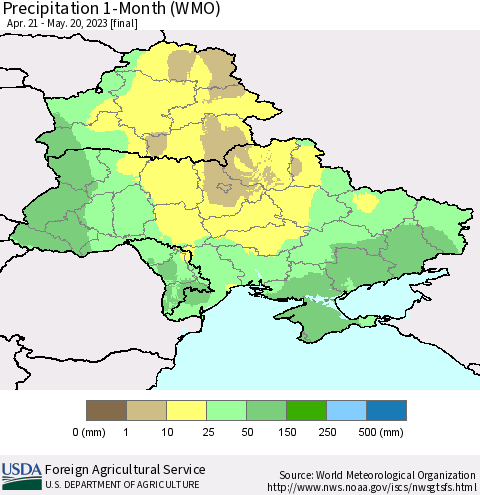 Ukraine, Moldova and Belarus Precipitation 1-Month (WMO) Thematic Map For 4/21/2023 - 5/20/2023