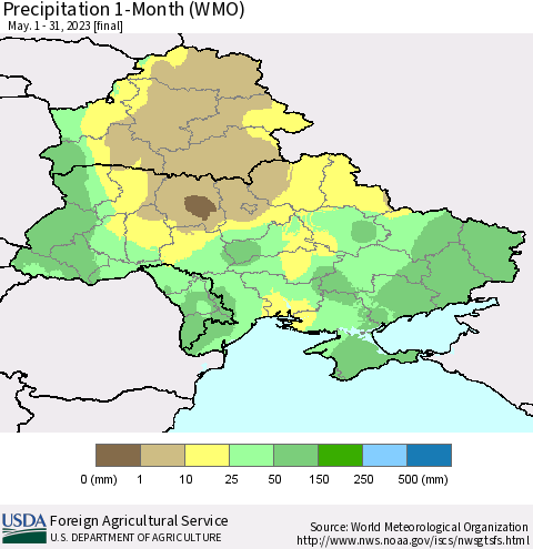 Ukraine, Moldova and Belarus Precipitation 1-Month (WMO) Thematic Map For 5/1/2023 - 5/31/2023