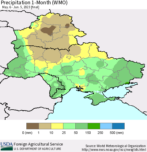 Ukraine, Moldova and Belarus Precipitation 1-Month (WMO) Thematic Map For 5/6/2023 - 6/5/2023