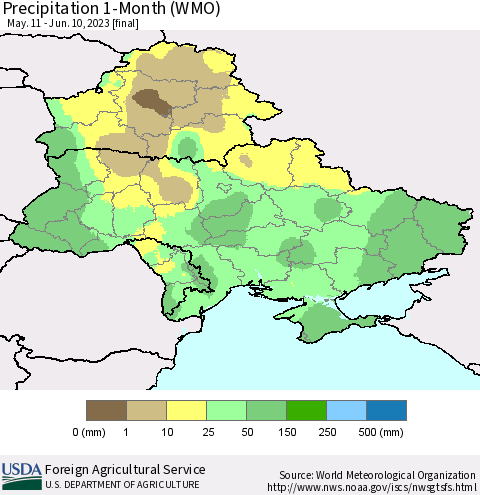 Ukraine, Moldova and Belarus Precipitation 1-Month (WMO) Thematic Map For 5/11/2023 - 6/10/2023