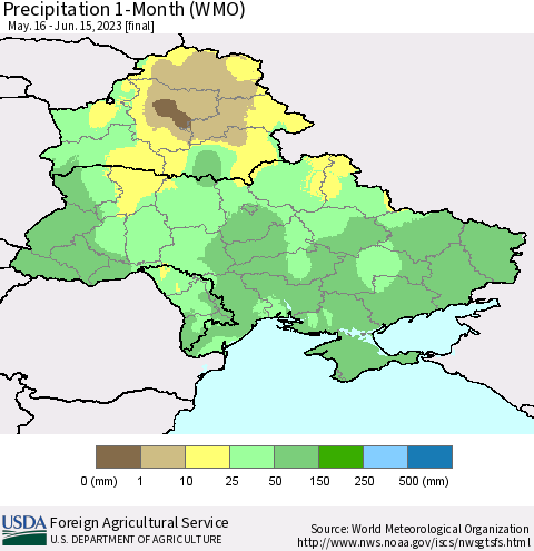 Ukraine, Moldova and Belarus Precipitation 1-Month (WMO) Thematic Map For 5/16/2023 - 6/15/2023