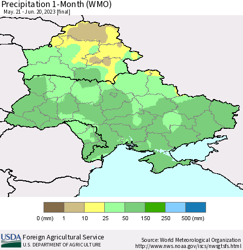 Ukraine, Moldova and Belarus Precipitation 1-Month (WMO) Thematic Map For 5/21/2023 - 6/20/2023