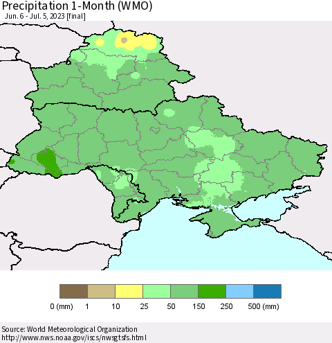 Ukraine, Moldova and Belarus Precipitation 1-Month (WMO) Thematic Map For 6/6/2023 - 7/5/2023