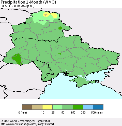 Ukraine, Moldova and Belarus Precipitation 1-Month (WMO) Thematic Map For 6/11/2023 - 7/10/2023