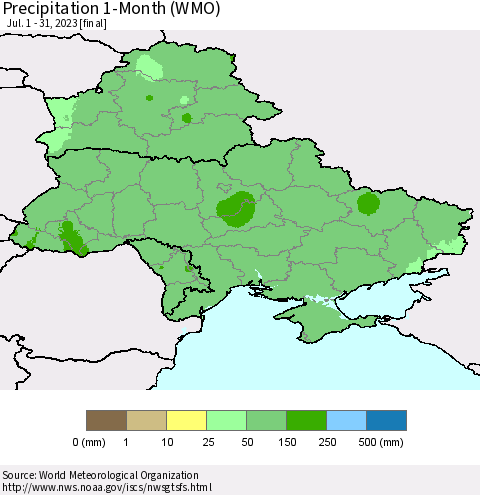 Ukraine, Moldova and Belarus Precipitation 1-Month (WMO) Thematic Map For 7/1/2023 - 7/31/2023