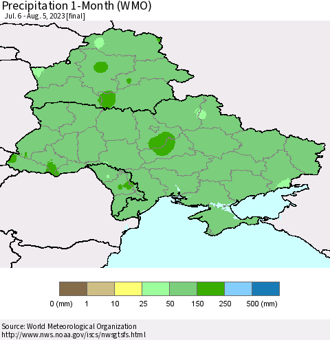 Ukraine, Moldova and Belarus Precipitation 1-Month (WMO) Thematic Map For 7/6/2023 - 8/5/2023