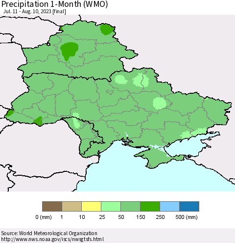 Ukraine, Moldova and Belarus Precipitation 1-Month (WMO) Thematic Map For 7/11/2023 - 8/10/2023