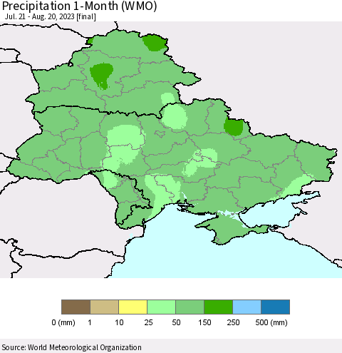 Ukraine, Moldova and Belarus Precipitation 1-Month (WMO) Thematic Map For 7/21/2023 - 8/20/2023