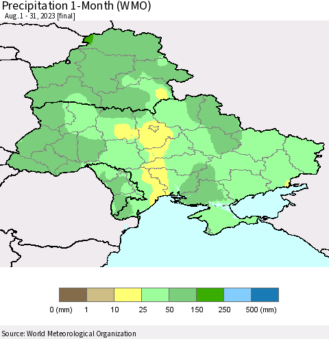 Ukraine, Moldova and Belarus Precipitation 1-Month (WMO) Thematic Map For 8/1/2023 - 8/31/2023