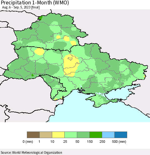 Ukraine, Moldova and Belarus Precipitation 1-Month (WMO) Thematic Map For 8/6/2023 - 9/5/2023