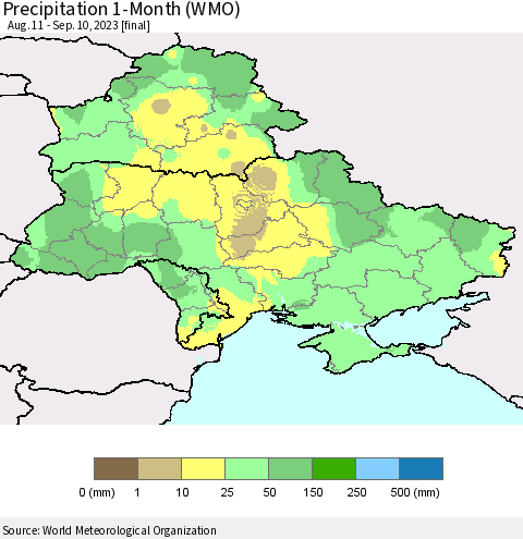 Ukraine, Moldova and Belarus Precipitation 1-Month (WMO) Thematic Map For 8/11/2023 - 9/10/2023