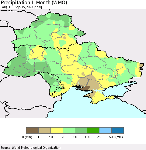 Ukraine, Moldova and Belarus Precipitation 1-Month (WMO) Thematic Map For 8/16/2023 - 9/15/2023