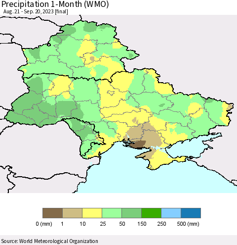 Ukraine, Moldova and Belarus Precipitation 1-Month (WMO) Thematic Map For 8/21/2023 - 9/20/2023