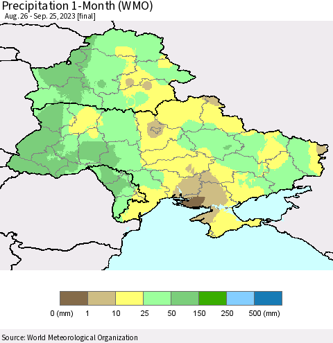 Ukraine, Moldova and Belarus Precipitation 1-Month (WMO) Thematic Map For 8/26/2023 - 9/25/2023