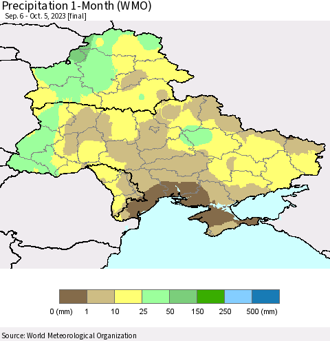 Ukraine, Moldova and Belarus Precipitation 1-Month (WMO) Thematic Map For 9/6/2023 - 10/5/2023