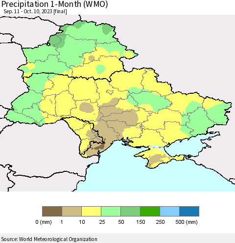 Ukraine, Moldova and Belarus Precipitation 1-Month (WMO) Thematic Map For 9/11/2023 - 10/10/2023