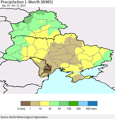 Ukraine, Moldova and Belarus Precipitation 1-Month (WMO) Thematic Map For 9/16/2023 - 10/15/2023