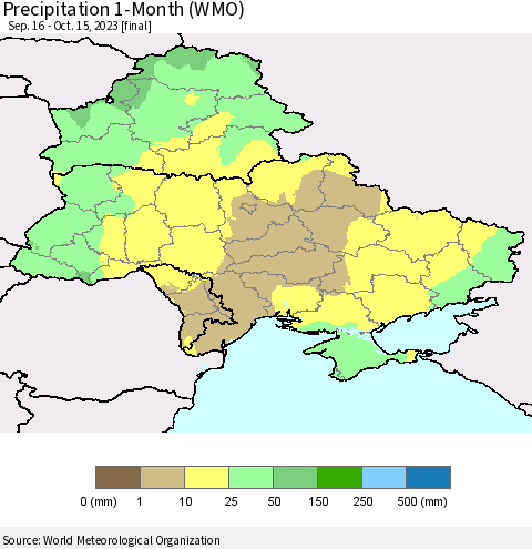 Ukraine, Moldova and Belarus Precipitation 1-Month (WMO) Thematic Map For 9/16/2023 - 10/15/2023