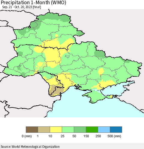 Ukraine, Moldova and Belarus Precipitation 1-Month (WMO) Thematic Map For 9/21/2023 - 10/20/2023