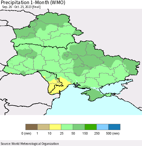 Ukraine, Moldova and Belarus Precipitation 1-Month (WMO) Thematic Map For 9/26/2023 - 10/25/2023