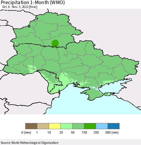 Ukraine, Moldova and Belarus Precipitation 1-Month (WMO) Thematic Map For 10/6/2023 - 11/5/2023