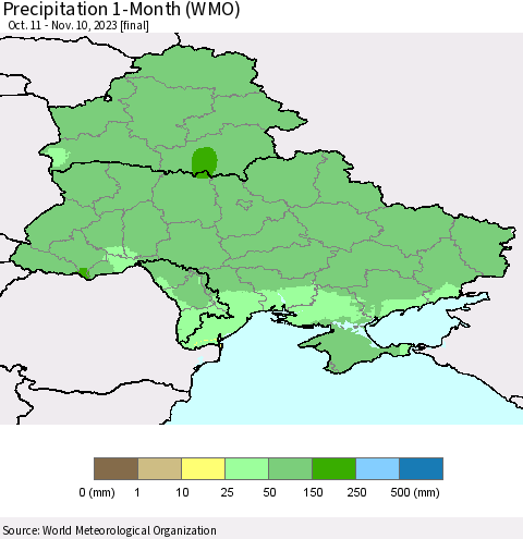 Ukraine, Moldova and Belarus Precipitation 1-Month (WMO) Thematic Map For 10/11/2023 - 11/10/2023