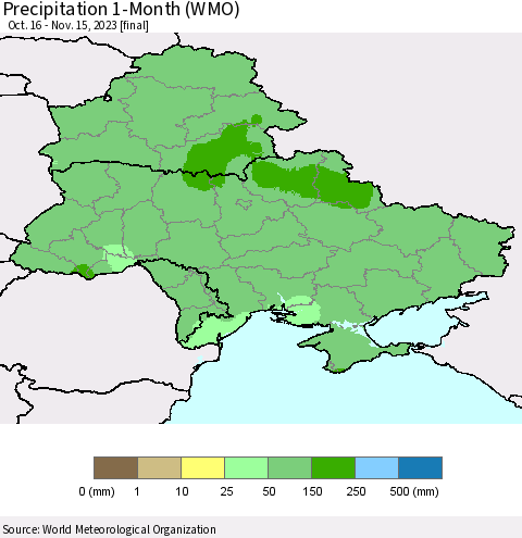 Ukraine, Moldova and Belarus Precipitation 1-Month (WMO) Thematic Map For 10/16/2023 - 11/15/2023