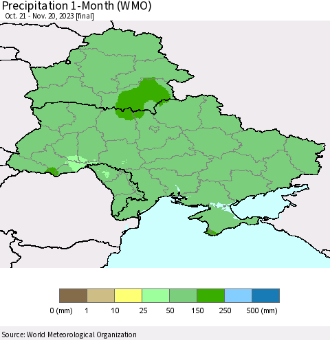 Ukraine, Moldova and Belarus Precipitation 1-Month (WMO) Thematic Map For 10/21/2023 - 11/20/2023