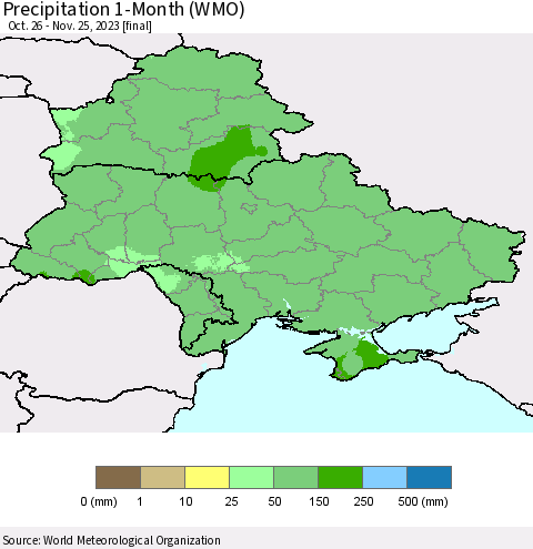 Ukraine, Moldova and Belarus Precipitation 1-Month (WMO) Thematic Map For 10/26/2023 - 11/25/2023
