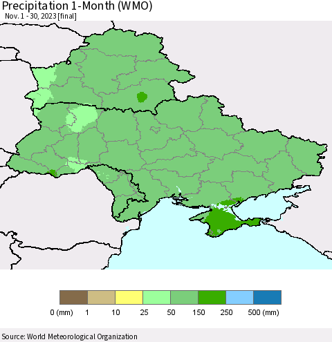 Ukraine, Moldova and Belarus Precipitation 1-Month (WMO) Thematic Map For 11/1/2023 - 11/30/2023