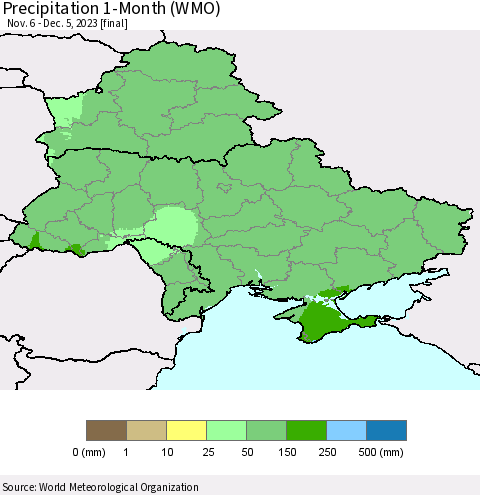 Ukraine, Moldova and Belarus Precipitation 1-Month (WMO) Thematic Map For 11/6/2023 - 12/5/2023