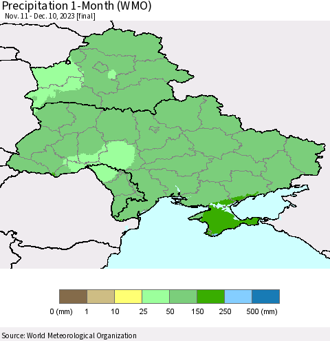 Ukraine, Moldova and Belarus Precipitation 1-Month (WMO) Thematic Map For 11/11/2023 - 12/10/2023