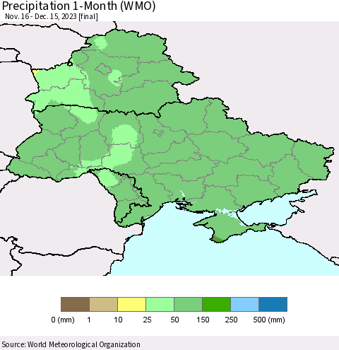 Ukraine, Moldova and Belarus Precipitation 1-Month (WMO) Thematic Map For 11/16/2023 - 12/15/2023