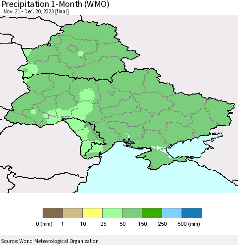 Ukraine, Moldova and Belarus Precipitation 1-Month (WMO) Thematic Map For 11/21/2023 - 12/20/2023
