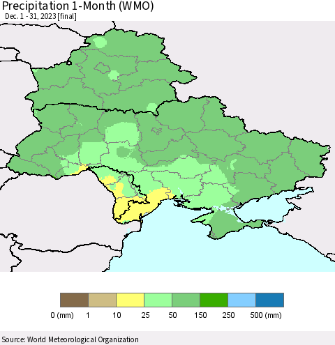 Ukraine, Moldova and Belarus Precipitation 1-Month (WMO) Thematic Map For 12/1/2023 - 12/31/2023