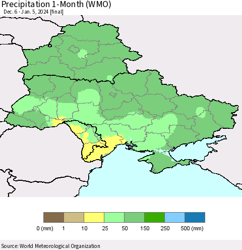 Ukraine, Moldova and Belarus Precipitation 1-Month (WMO) Thematic Map For 12/6/2023 - 1/5/2024