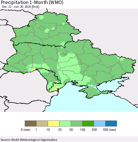 Ukraine, Moldova and Belarus Precipitation 1-Month (WMO) Thematic Map For 12/21/2023 - 1/20/2024