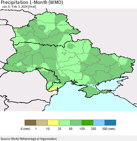 Ukraine, Moldova and Belarus Precipitation 1-Month (WMO) Thematic Map For 1/6/2024 - 2/5/2024