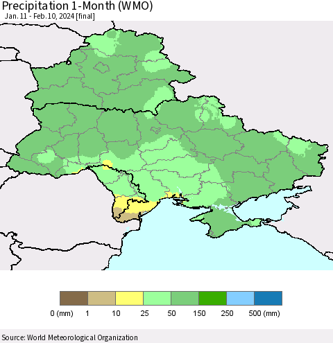 Ukraine, Moldova and Belarus Precipitation 1-Month (WMO) Thematic Map For 1/11/2024 - 2/10/2024