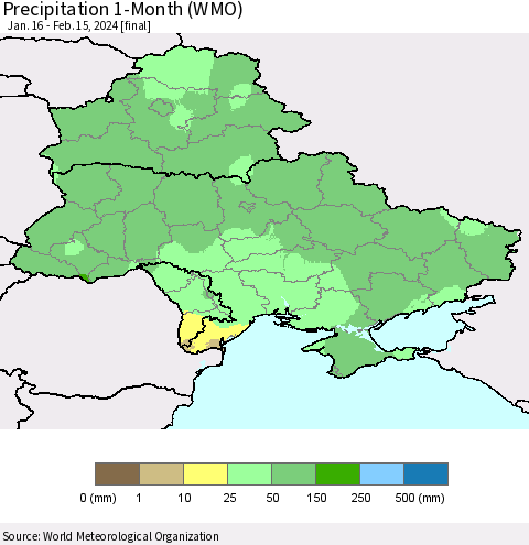 Ukraine, Moldova and Belarus Precipitation 1-Month (WMO) Thematic Map For 1/16/2024 - 2/15/2024