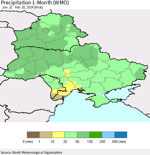 Ukraine, Moldova and Belarus Precipitation 1-Month (WMO) Thematic Map For 1/21/2024 - 2/20/2024
