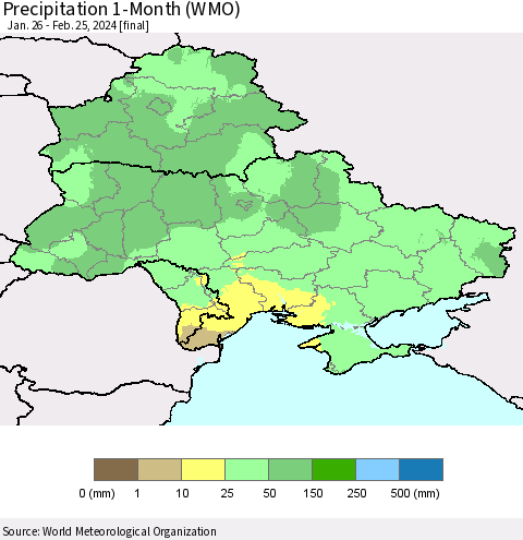 Ukraine, Moldova and Belarus Precipitation 1-Month (WMO) Thematic Map For 1/26/2024 - 2/25/2024