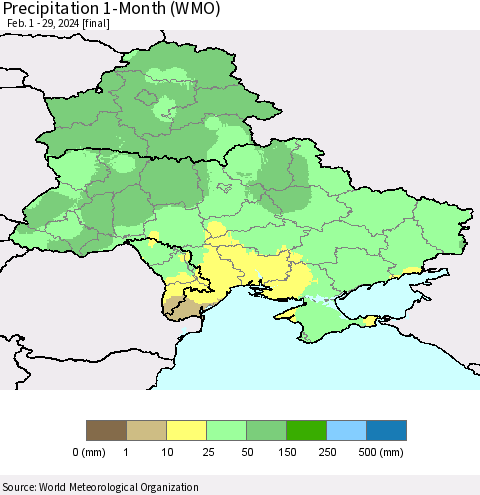 Ukraine, Moldova and Belarus Precipitation 1-Month (WMO) Thematic Map For 2/1/2024 - 2/29/2024