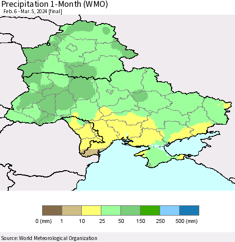Ukraine, Moldova and Belarus Precipitation 1-Month (WMO) Thematic Map For 2/6/2024 - 3/5/2024